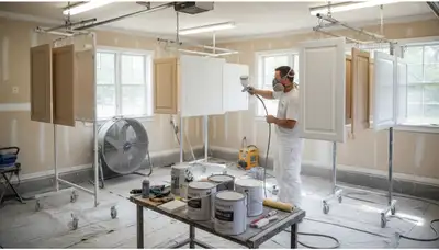 Professional cabinet painting in Newton MA with smooth sprayed finishes for kitchen refinishing