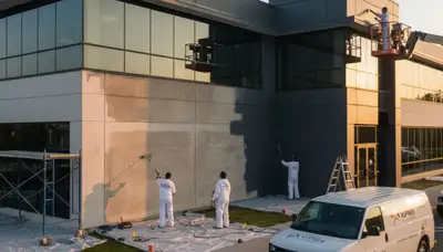 Professional commercial painters finishing exterior building in Newton, MA