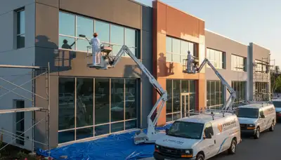 Professional commercial painters coating retail exterior in Newton, MA for durable business finish