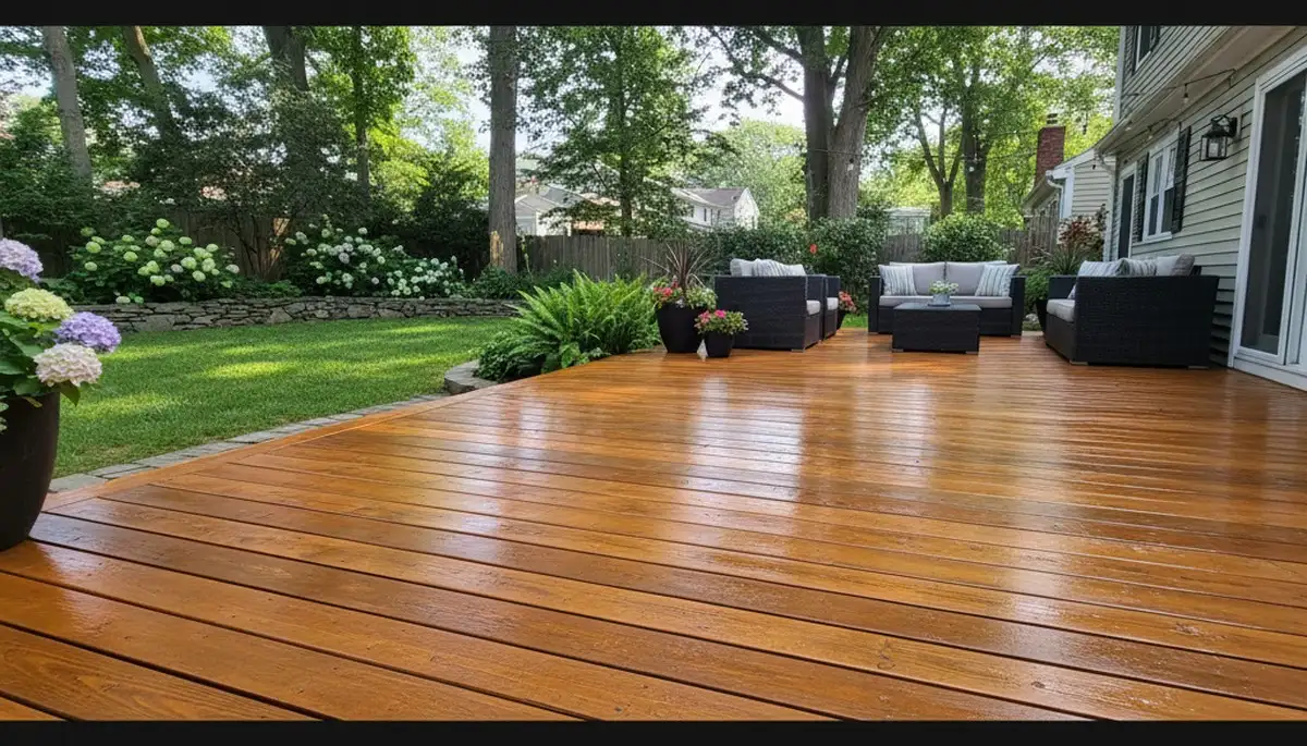 Finished deck staining in Newton MA showing rich wood color and weather-resistant protective finish