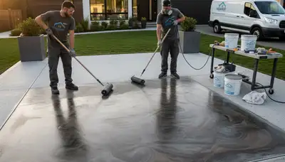 Professional concrete staining on residential floor in Newton, MA showcasing durable color finish
