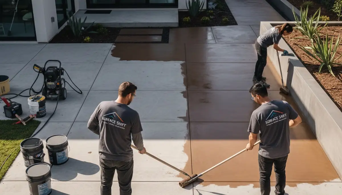 Professional concrete staining on residential patio in Newton, MA for durable exterior floor finish