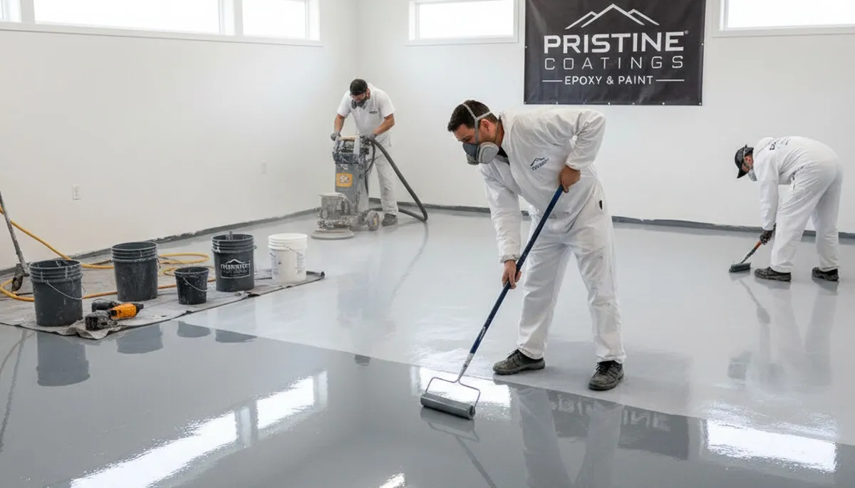 Professional epoxy floor coating in a Newton, MA garage for durable, protective finish