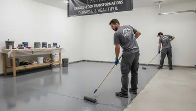Professional garage floor epoxy coating in Newton, MA protecting concrete from winter moisture