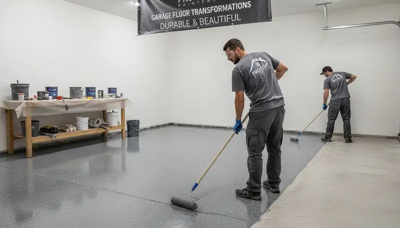 Professional garage floor epoxy coating in Newton, MA protecting concrete from winter moisture