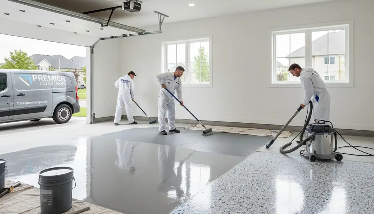 Epoxy garage floor coating in Newton MA with durable high-gloss finish protecting concrete surfaces