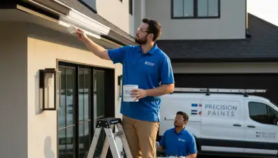 Professional painter applying fresh gutter paint on home exterior in Newton, MA