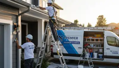 Professional gutter painting on a Newton MA home exterior by expert house painters