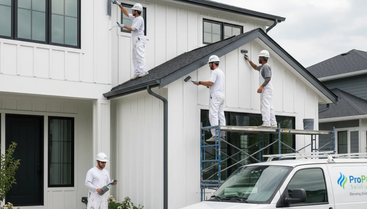 Professional gutter painting on a Newton MA home exterior by expert house painters