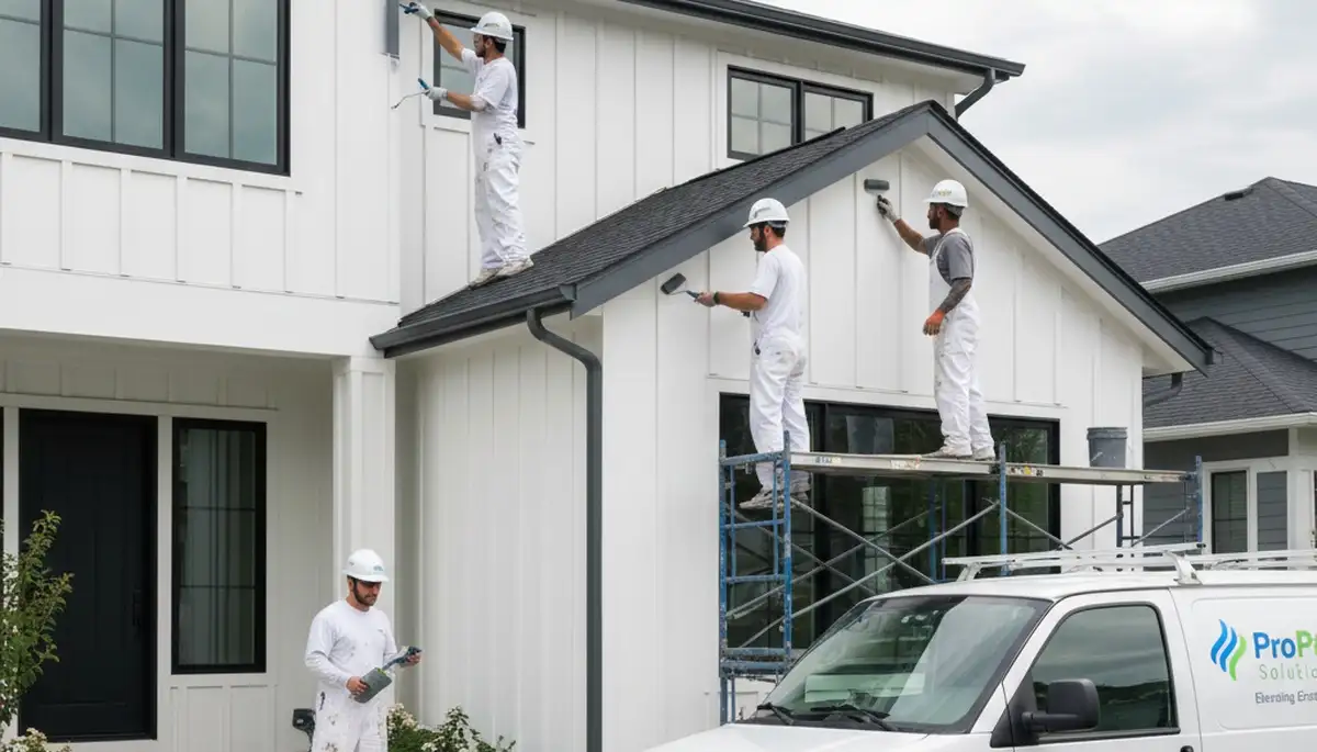 Professional gutter painting on a Newton MA home exterior by expert house painters