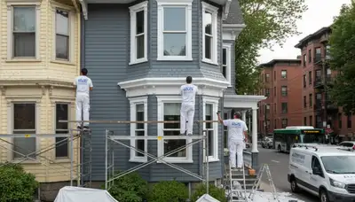 Professional house painters working on residential exterior in Newton, MA