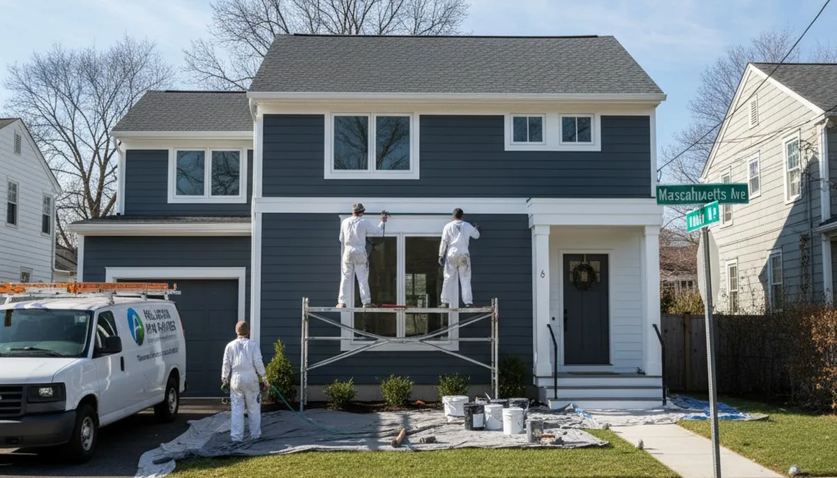 Professional exterior house painters in Newton MA applying fresh paint to home siding