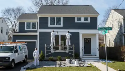 Professional exterior house painters in Newton MA applying fresh paint to home siding