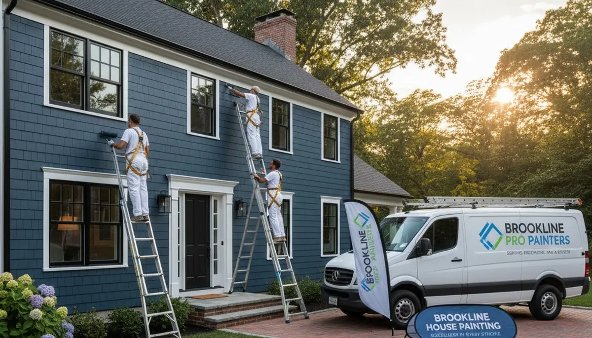 Professional house painters working on exterior home repaint in Newton, MA