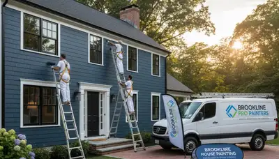 Professional house painters working on exterior home repaint in Newton, MA