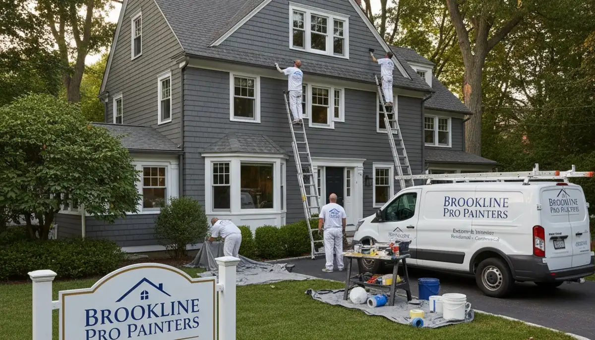 Professional house painters finishing exterior home painting in Newton, MA
