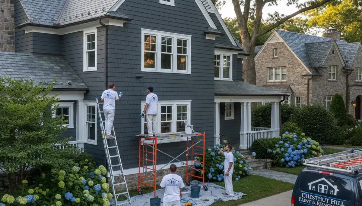 Professional exterior house painting team in Newton MA improving home curb appeal
