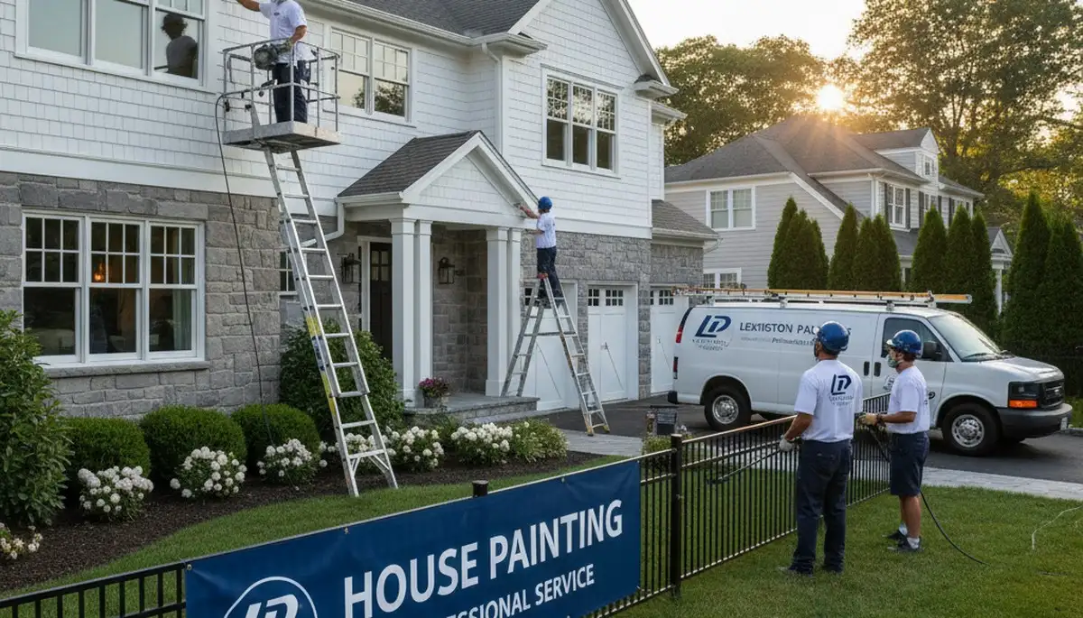 Professional house painters working on a freshly painted home exterior in Newton, MA