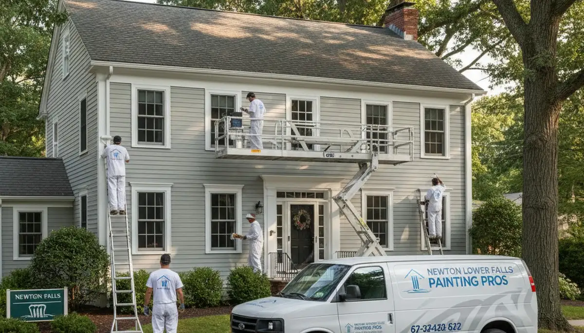 Exterior house painting in Newton, MA by professional painters at a residential home