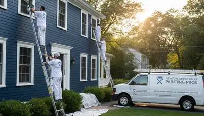 Professional exterior house painters finishing a home in Newton, MA