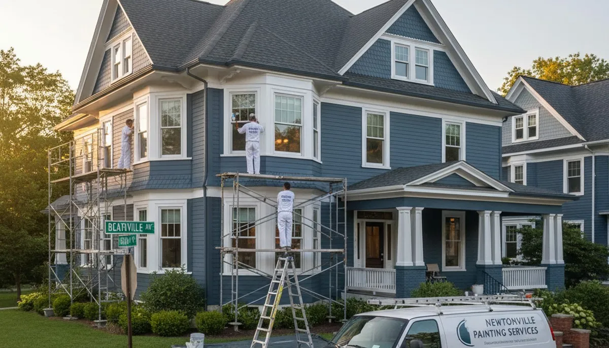 Professional house painters working on exterior home repainting in Newton, MA