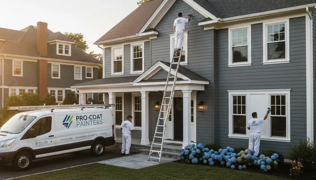 Professional exterior house painting project in Newton MA by local painting contractors