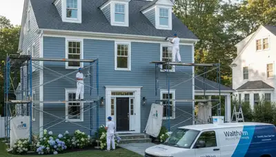 Exterior house painting service in Newton, MA by a professional painting contractor