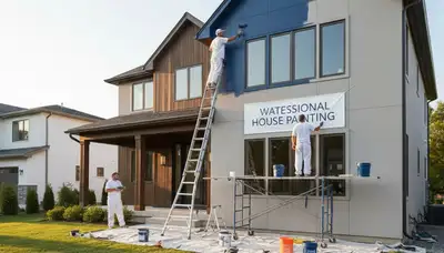 Professional exterior house painting contractors working on a Newton MA home exterior