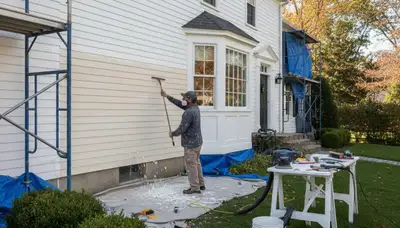 Professional surface preparation for exterior house painting in Newton, MA ensuring smooth, durable finishes