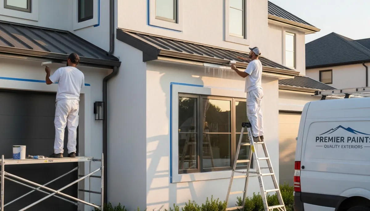 Professional trim and fascia painting on a Newton, MA home exterior by expert house painters