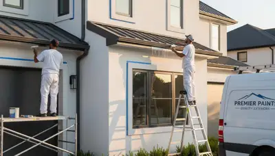 Professional trim and fascia painting on a Newton, MA home exterior by expert house painters
