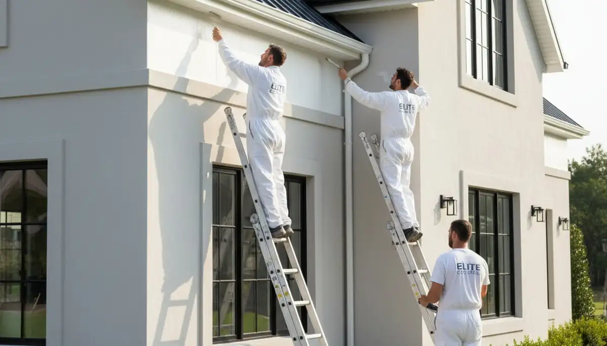 Professional trim and fascia painting on a Newton MA home exterior by expert house painters