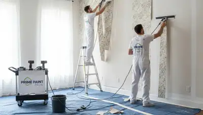 Professional wallpaper removal service in Newton MA preparing interior walls for painting