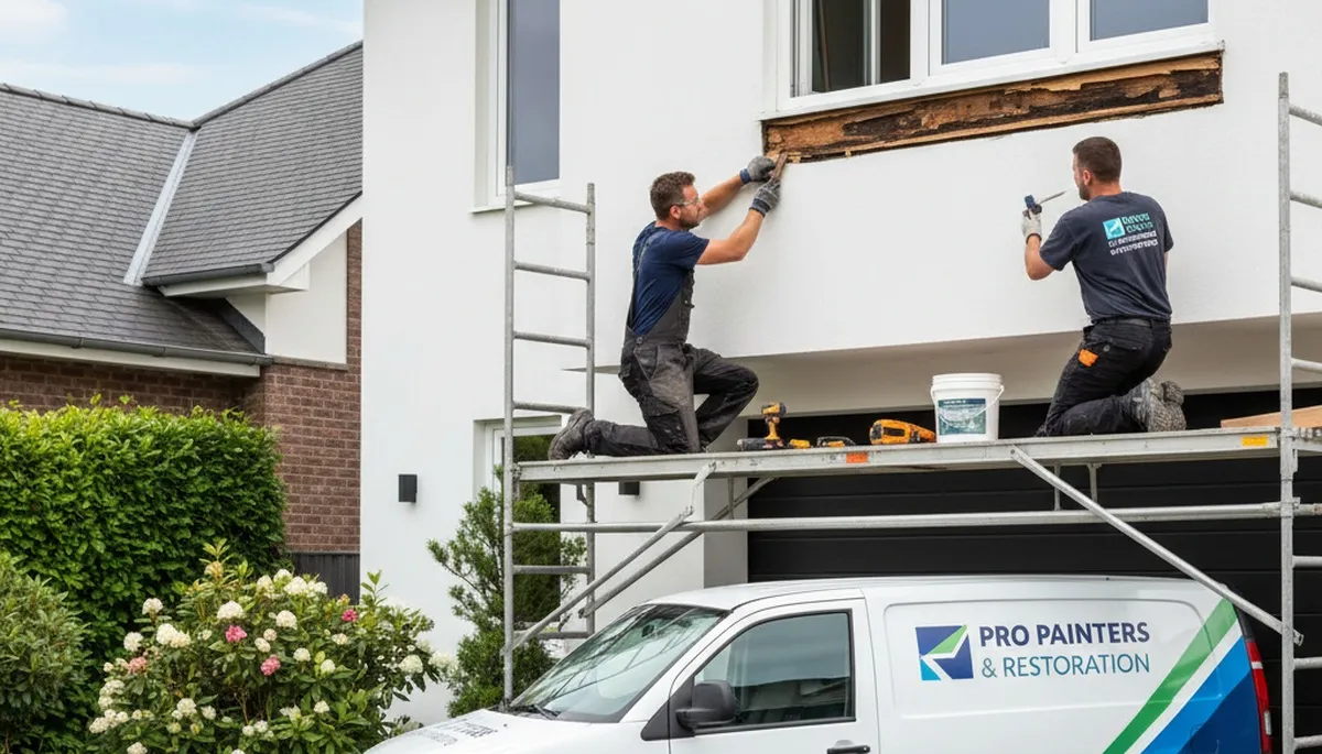 Professional wood rot repair and exterior painting on home siding in Newton, MA