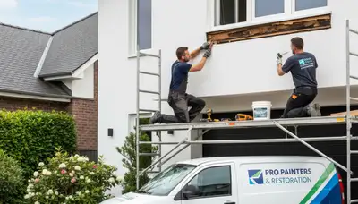 Professional wood rot repair and exterior painting on home siding in Newton, MA